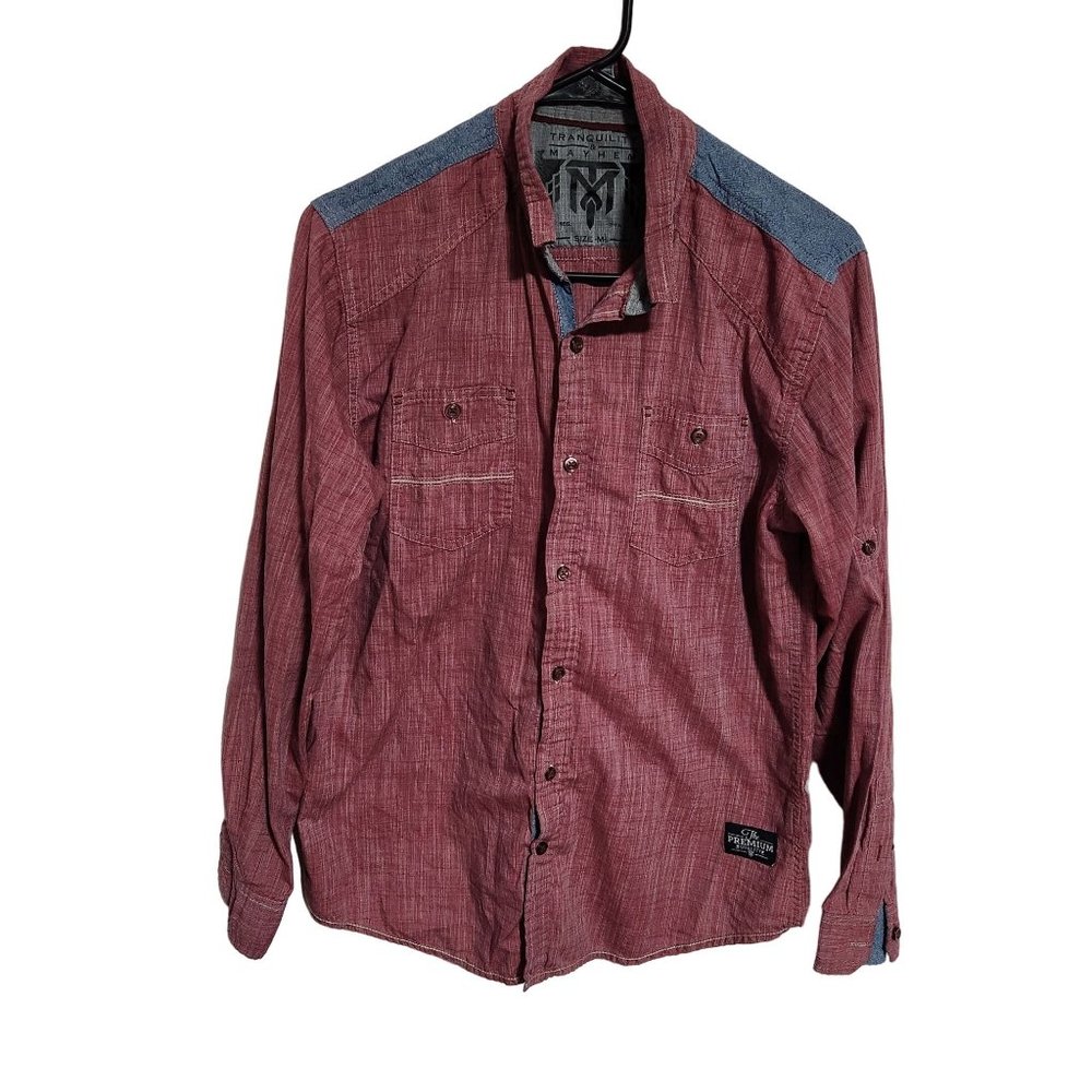 Men's Casual Red Button-Down Shirt with Chambray Shoulder Panels